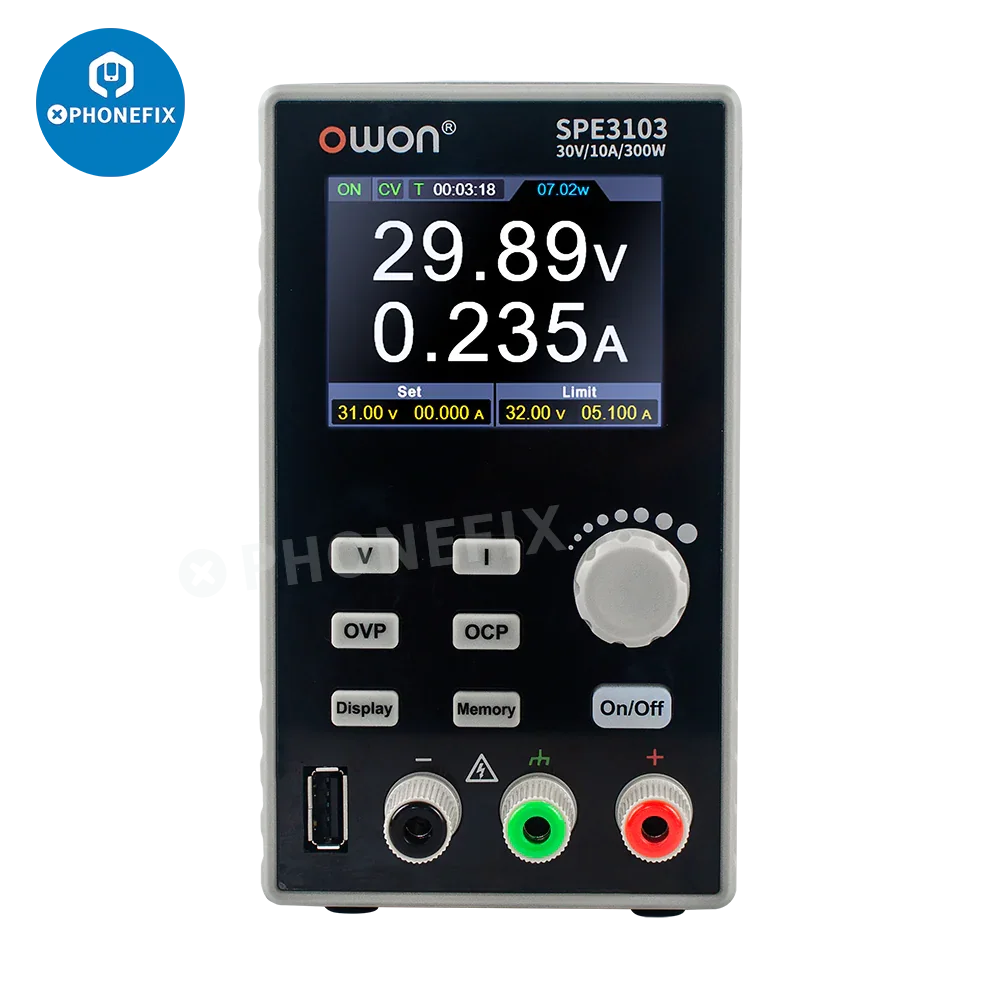 OWON SPE3102 programmable lab DC power supply showing digital display of voltage and current settings.