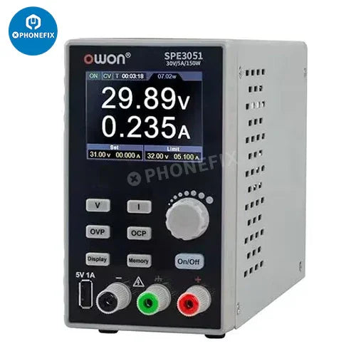 OWON SPE3102/3051 programmable lab DC power supply showing digital display, adjustable voltage and current controls, PHONEFIX brand