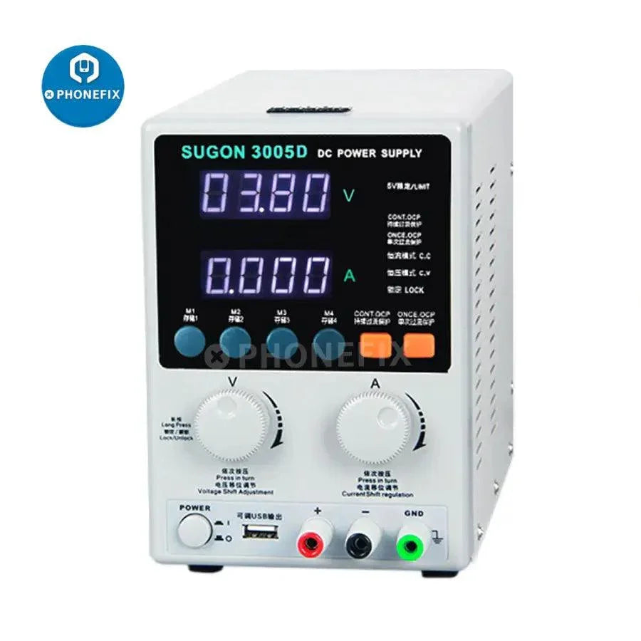 SUGON 3005D adjustable digital DC power supply by PHONEFIX showing front panel with voltage and current controls, 30V 5A output.
