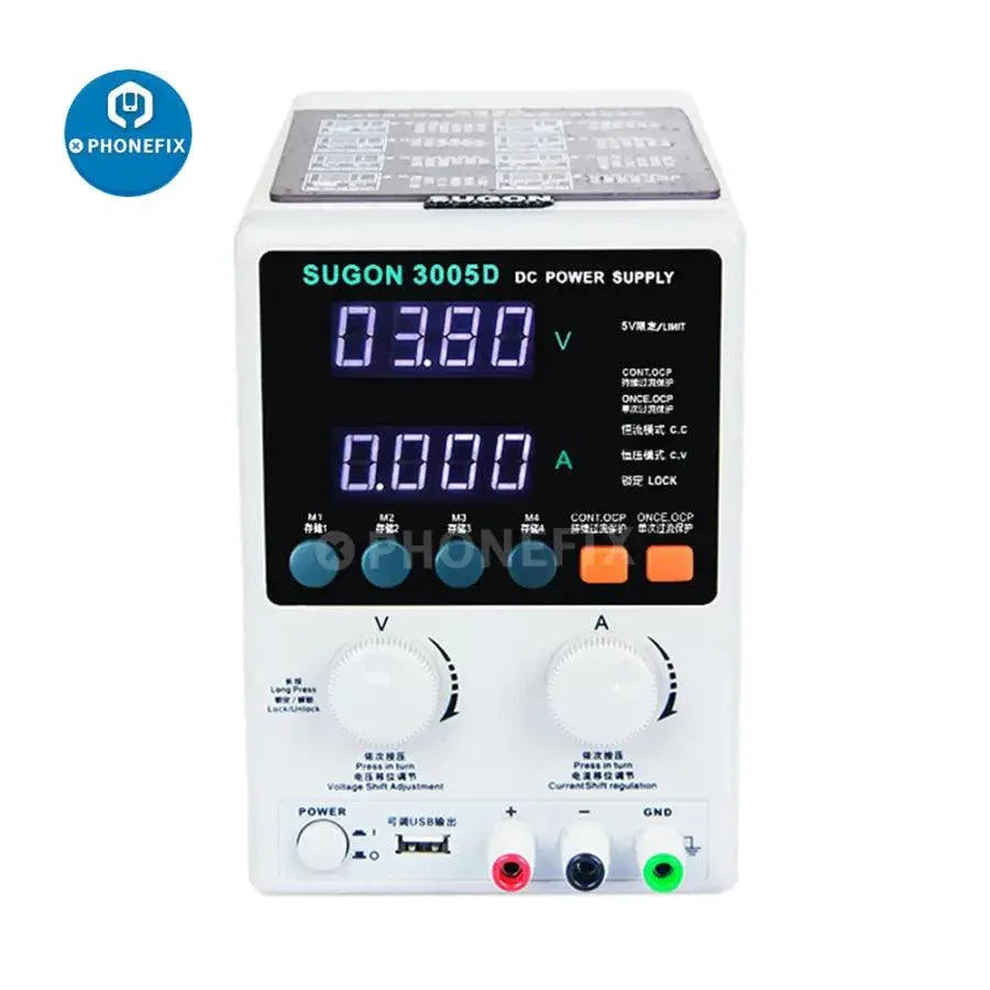 Phonefix SUGON 3005D adjustable digital DC power supply displaying voltage and current settings for laboratory use.