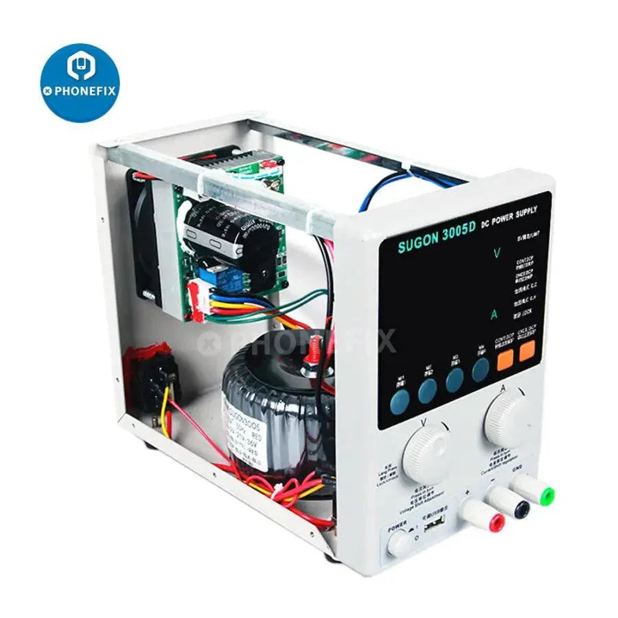 SUGON 3005D adjustable digital DC power supply by PHONEFIX showing digital display and control knobs for laboratory use.