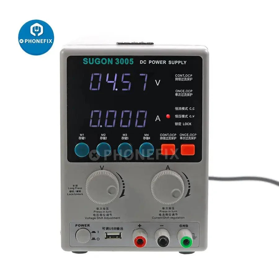 SUGON 3005D adjustable digital DC power supply showing control panel with voltage and current settings, in laboratory setting.