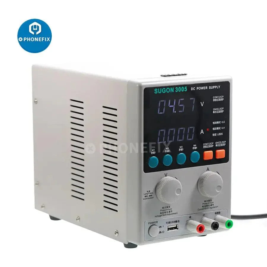 SUGON 3005D adjustable digital DC power supply showing display screen and control knobs for laboratory use.