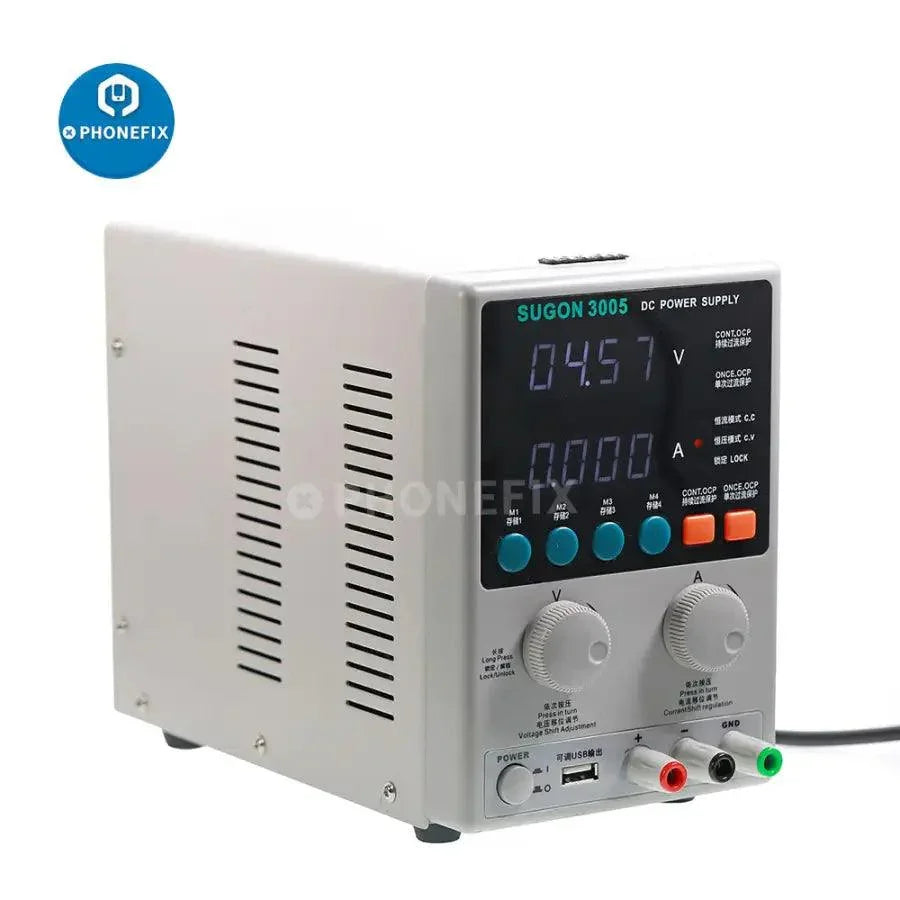 PHONEFIX SUGON 3005D adjustable digital DC power supply showing a front panel with digital voltage and current display.