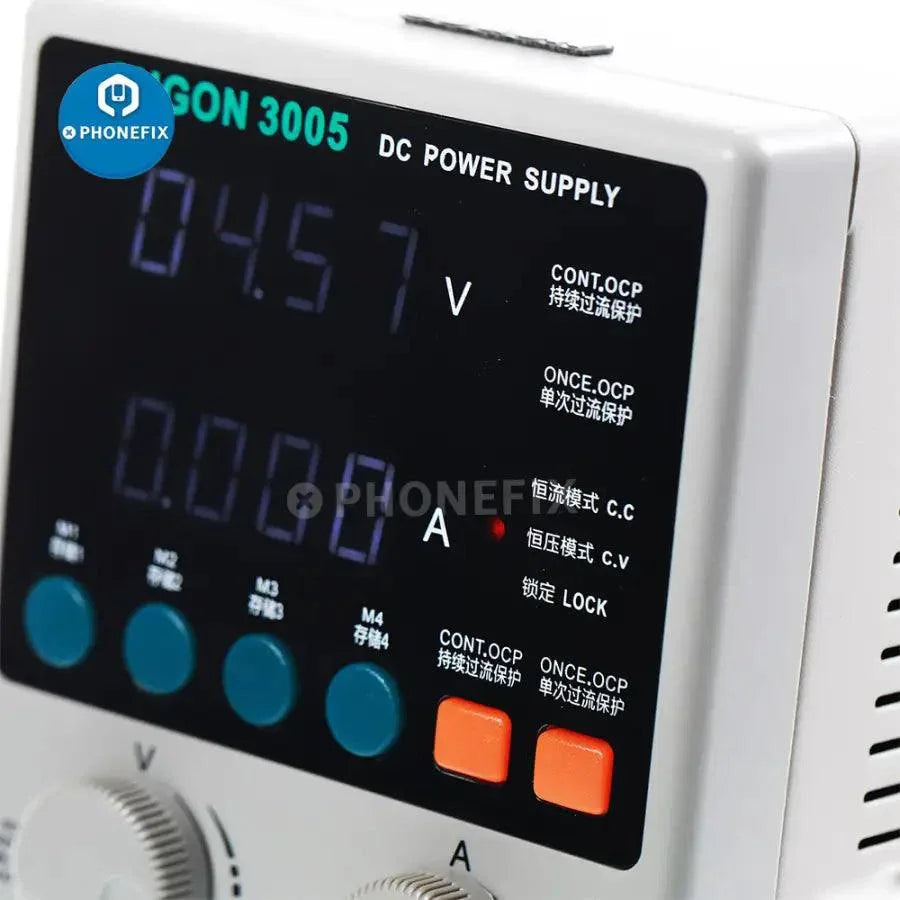 PHONEFIX SUGON 3005D adjustable digital DC power supply showing front panel with digital display and control knobs, 30V 5A output