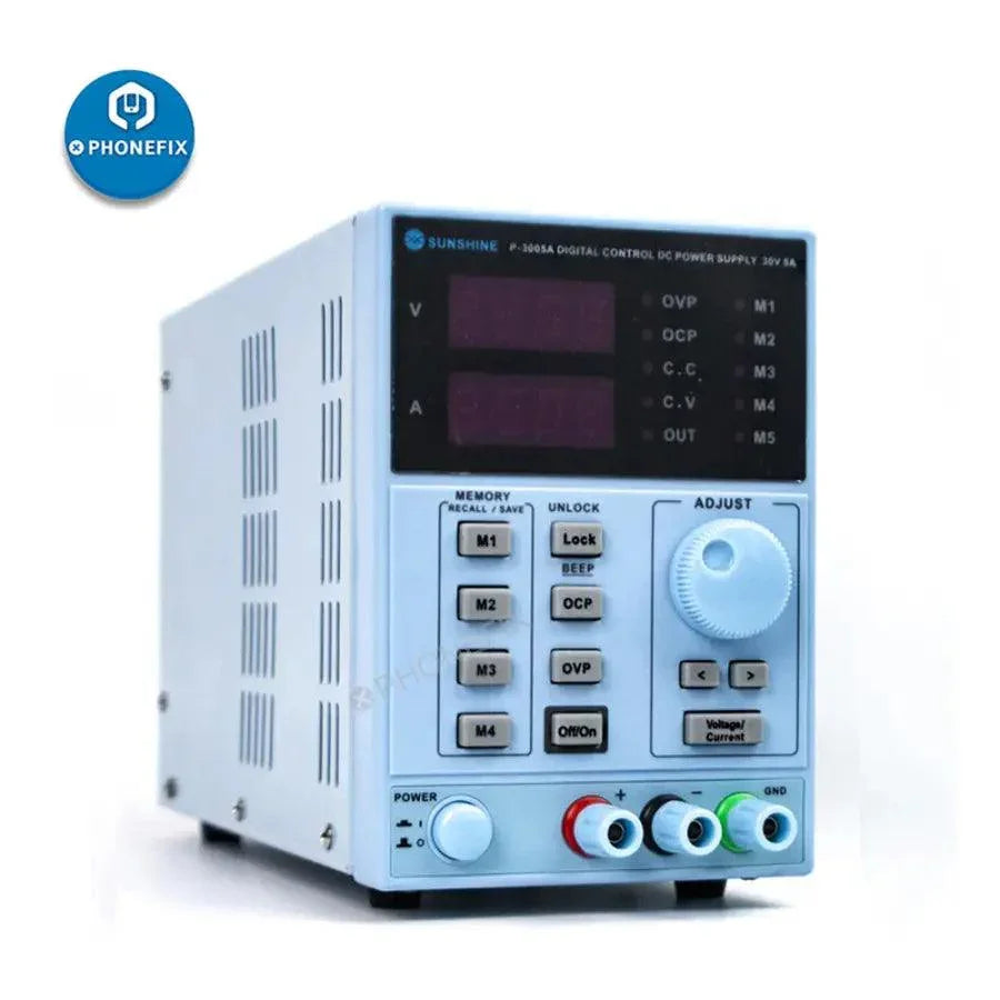 PHONEFIX Sunshine P-3005A digital DC power supply showing front panel with voltage and current controls, 30V 5A capacity.