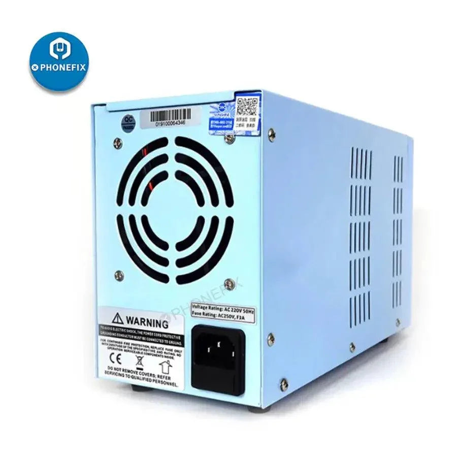 PHONEFIX Sunshine P-3005A digital DC power supply showing front panel with voltage and current controls, 30V 5A output, 220V input.