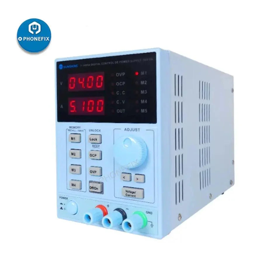 Phonefix Sunshine P-3005A digital DC power supply showing front panel with voltage and current controls, display screen, and input power cord.