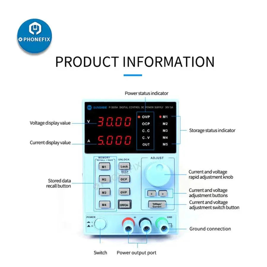 PHONEFIX Sunshine P-3005A Digital DC Power Supply showing front panel with digital display and control knobs, 30V 5A capacity.