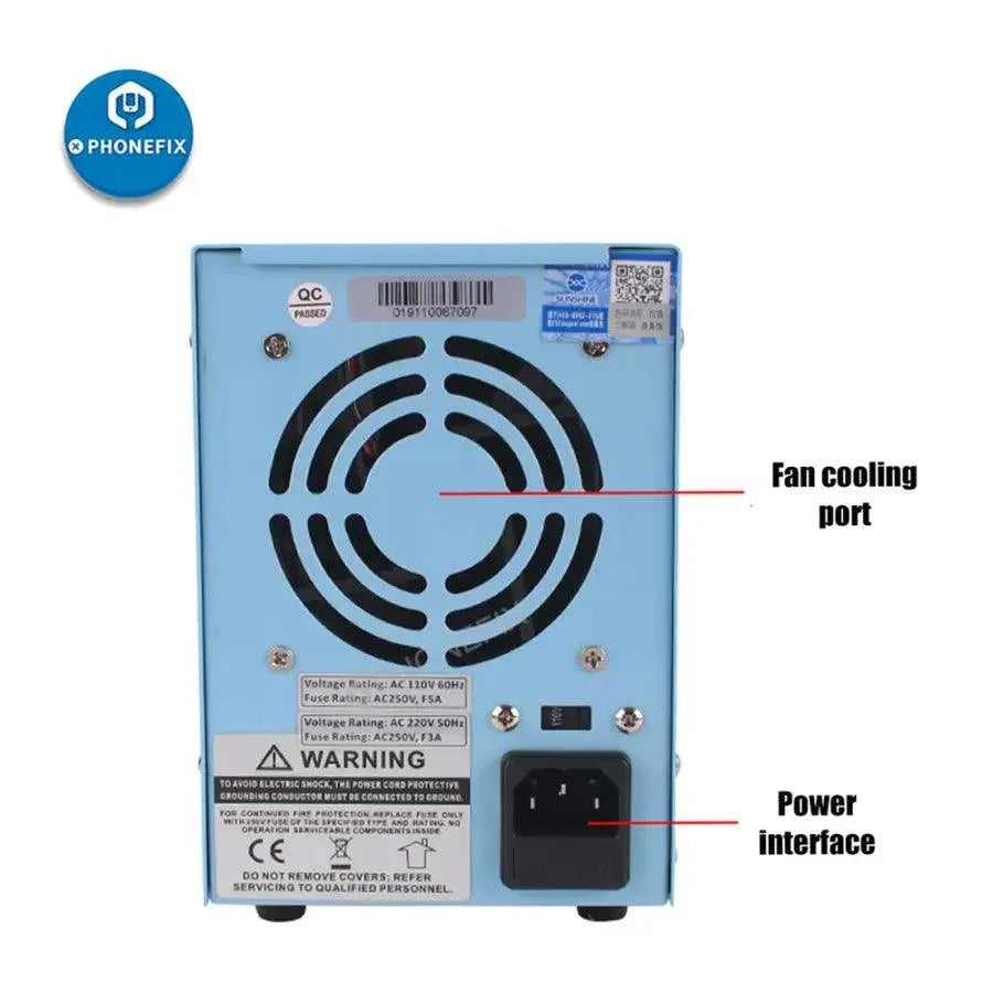 Phonefix Sunshine P-3005A digital DC power supply showing control knobs and display for 30V 5A output.
