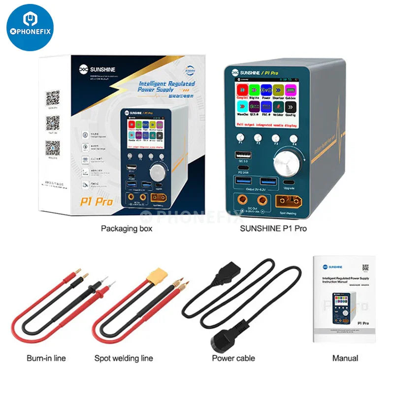 PHONEFIX Sunshine P-3005A Digital DC Power Supply displaying voltage and current controls on a compact black device.