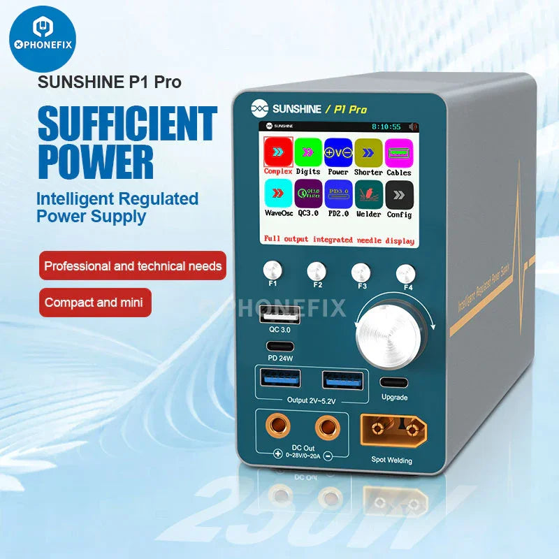 Phonefix Sunshine P-3005A digital DC power supply showing front panel with digital display and control knobs, 30V 5A capacity.