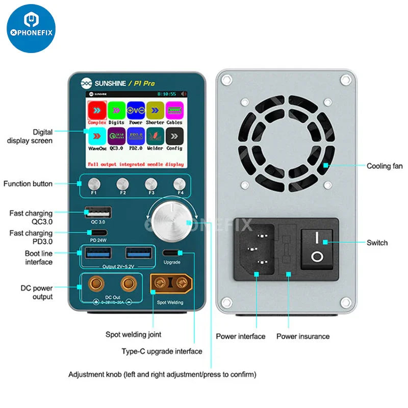 PHONEFIX Sunshine P-3005A Digital DC Power Supply showing display panel with voltage and current controls, 30V 5A output.