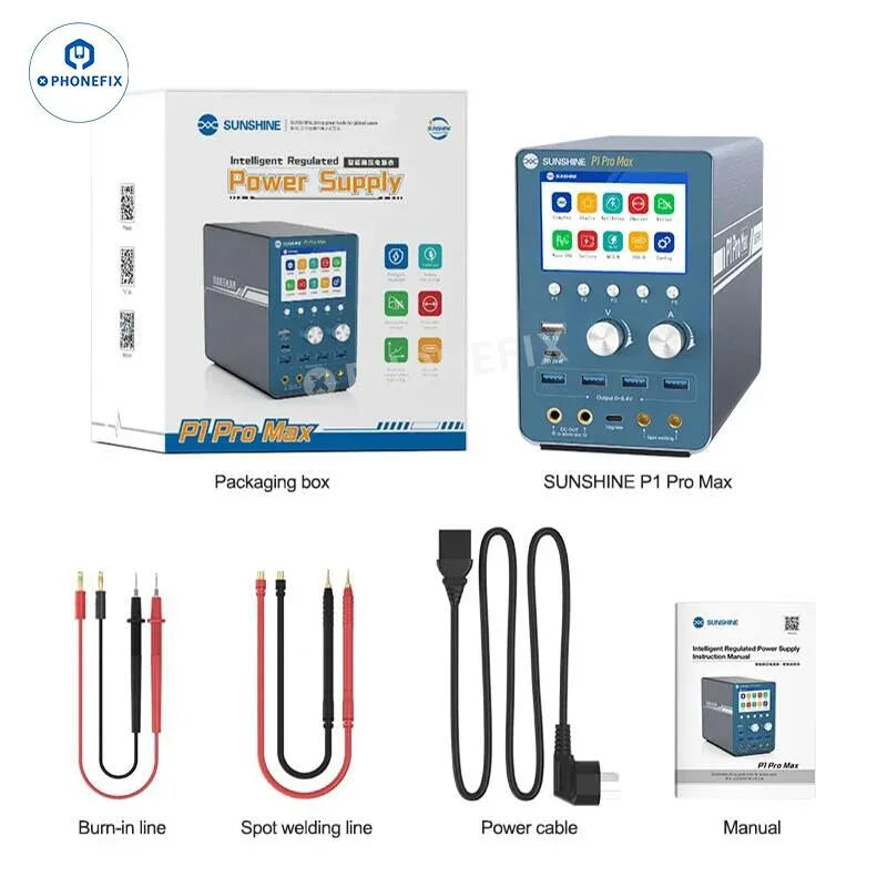 PHONEFIX Sunshine P-3005A digital DC power supply shows a 30V 5A voltage and current display with control knobs and input power cord.