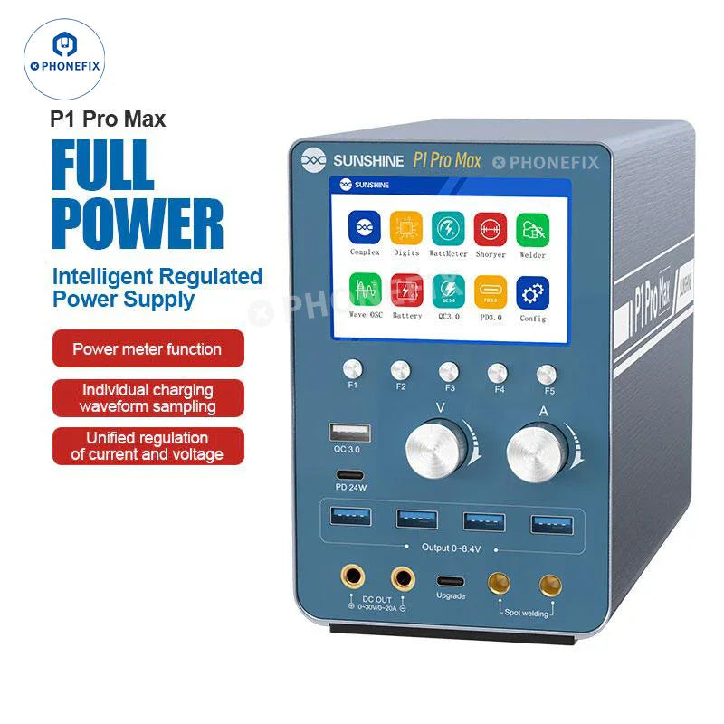PHONEFIX Sunshine P-3005A digital DC power supply showing front panel with display and control knobs, 30V 5A output terminals.
