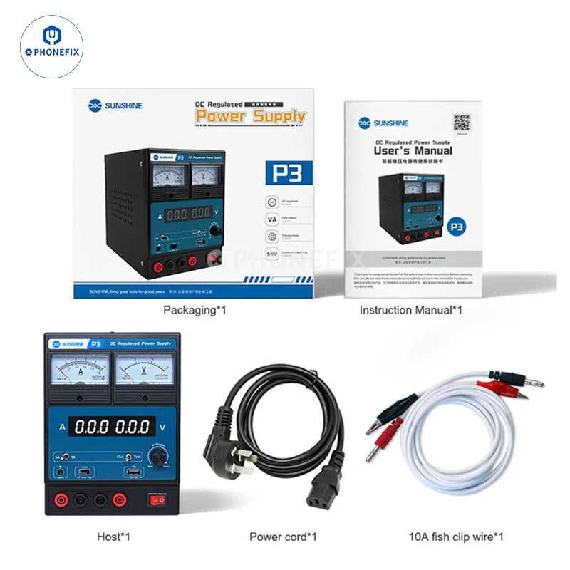 Phonefix Sunshine P3 DC regulated power supply with dual LED pointer display, 220V EU input, for stable DC voltage output.