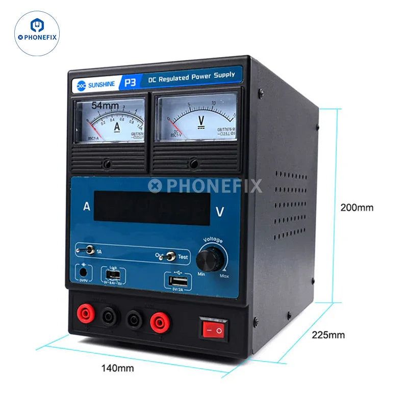 Sunshine P3 DC Regulated Power Supply by PHONEFIX with dual LED pointer display and 220V EU plug.
