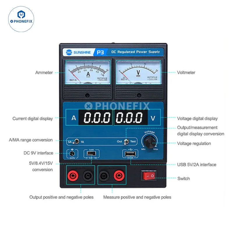 PHONEFIX Sunshine P3 DC regulated power supply with dual LED pointer display, 220V EU, for precise voltage and current control.