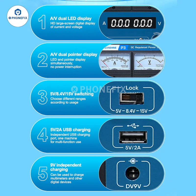 Sunshine P3 DC regulated power supply from PHONEFIX with dual LED pointer display, designed for stable electrical output.
