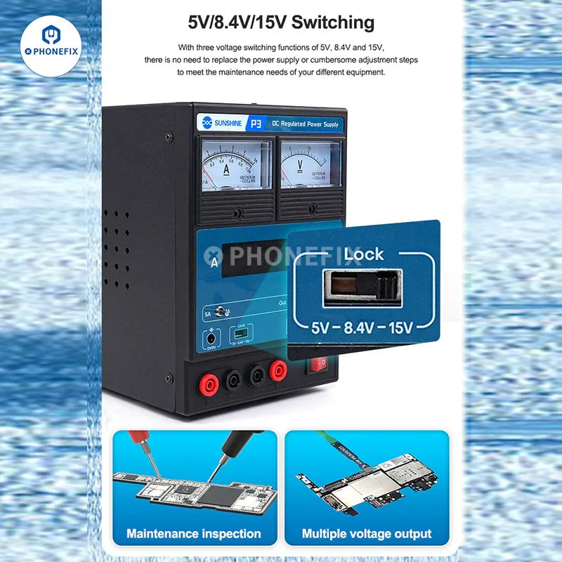 PHONEFIX Sunshine P3 DC regulated power supply with dual LED pointer display, 220V EU plug, ideal for electronic projects.