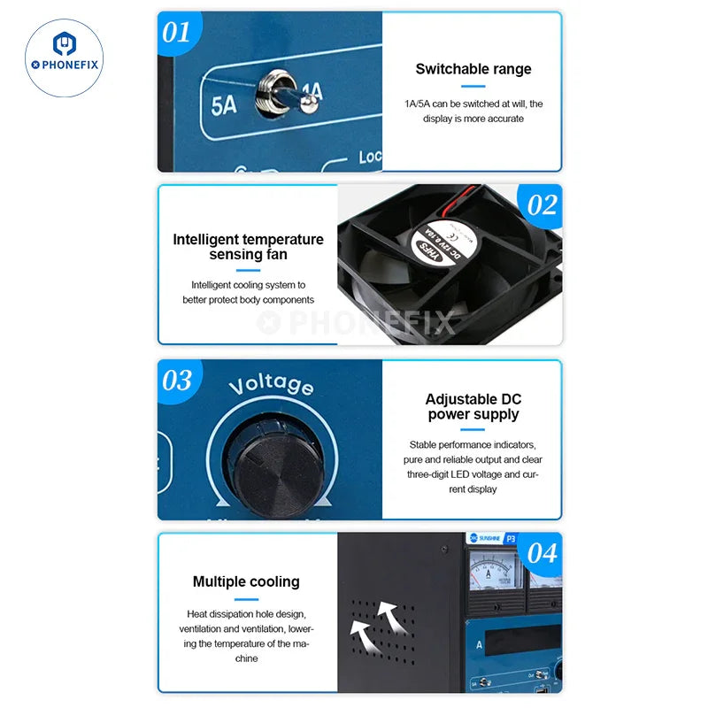 PHONEFIX Sunshine P3 DC Regulated Power Supply with dual LED pointers and 220V EU plug for precise voltage and current display