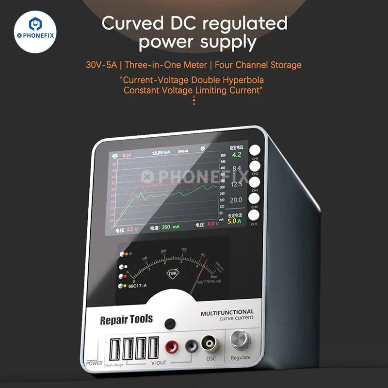 PHONEFIX TBK 217A DC power supply with 30V, 5A output and hyperbolic display, showcasing the device's front panel and controls.