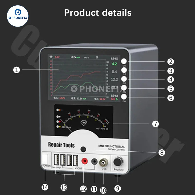 PHONEFIX TBK 217A DC power supply with hyperbolic display showing voltage and current readings in a compact device