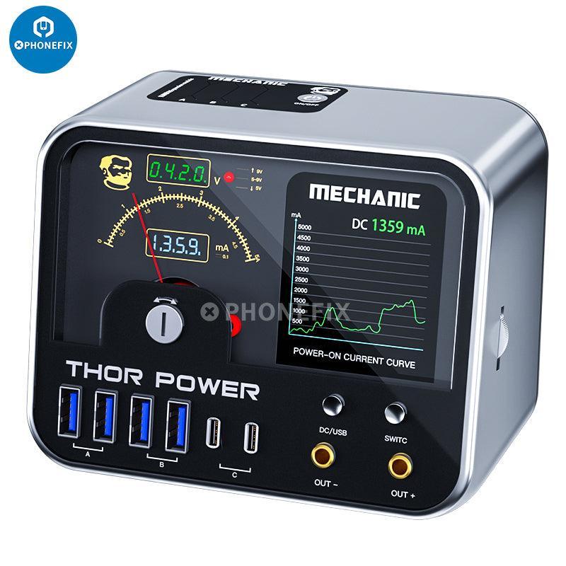 PhoneFix MECHANIC THOR POWER digital diagnostic DC power supply showing control panel and connection ports.