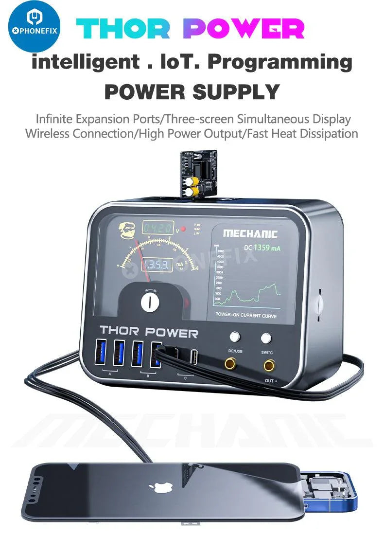 PhoneFix MECHANIC THOR POWER digital diagnostic DC power supply with display and control buttons, used for electronic testing and repair.