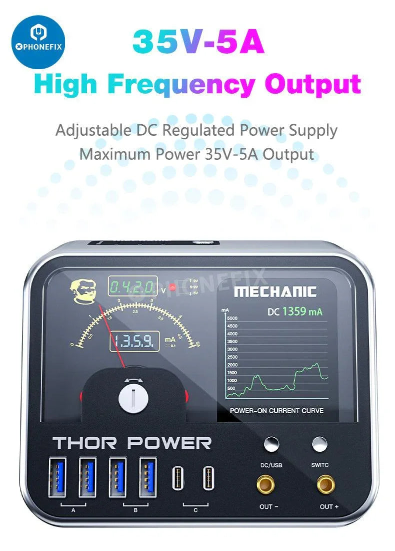 PhoneFix MECHANIC THOR POWER digital diagnostic DC power supply with intelligent features for electronic testing and repair.