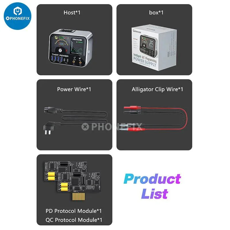 PhoneFix MECHANIC THOR POWER digital diagnostic DC power supply with display and controls for electronic testing and repair.
