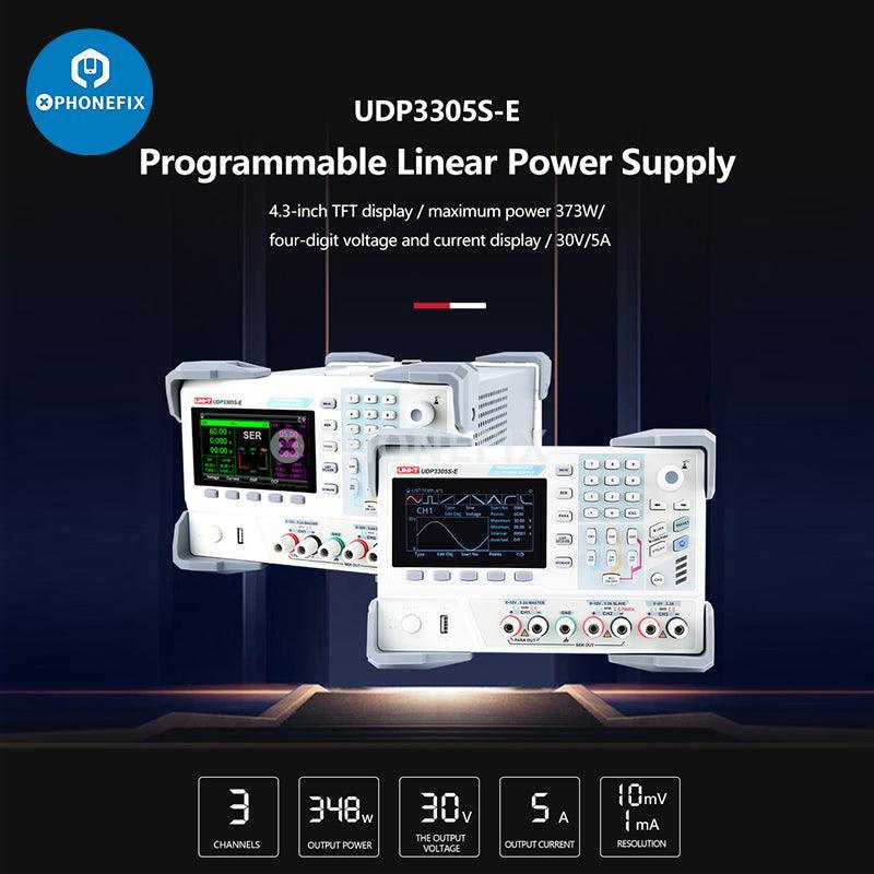 UNI-T UDP3000S Series DC Power Supply showing 30V, 5A voltage regulator with digital display and control knobs.