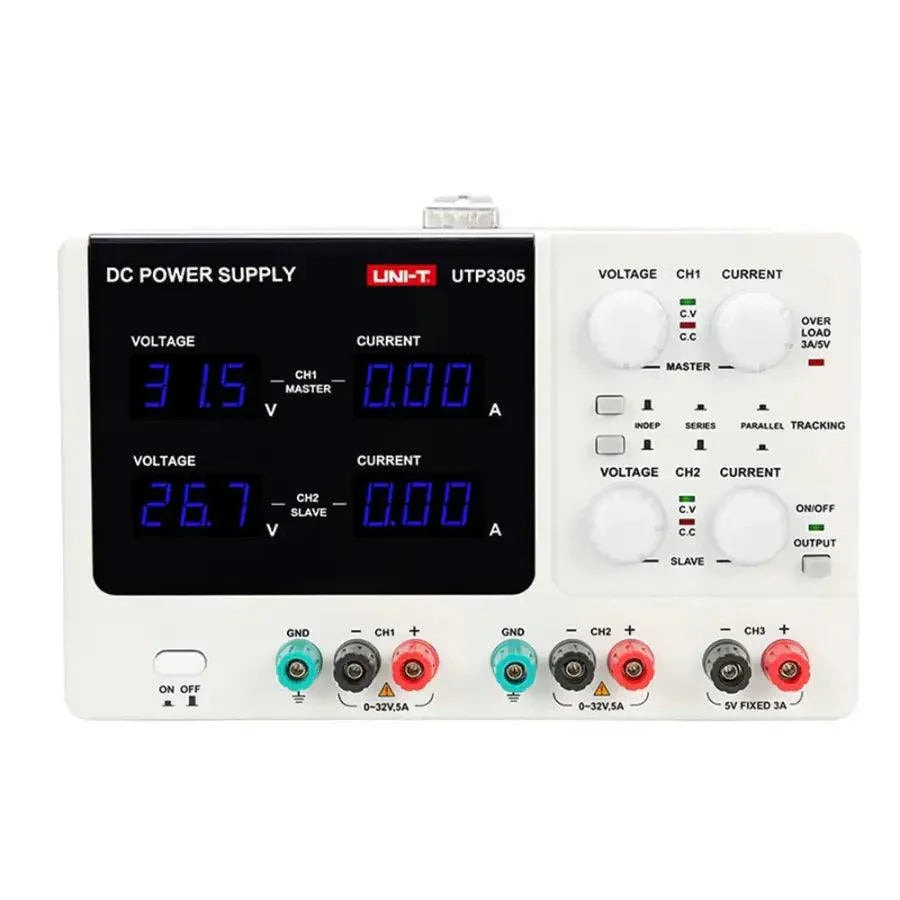 Alimentation CC double canal PhoneFix UNI-T avec commutation régulée, présentée ici avec commandes de tension et de courant réglables.