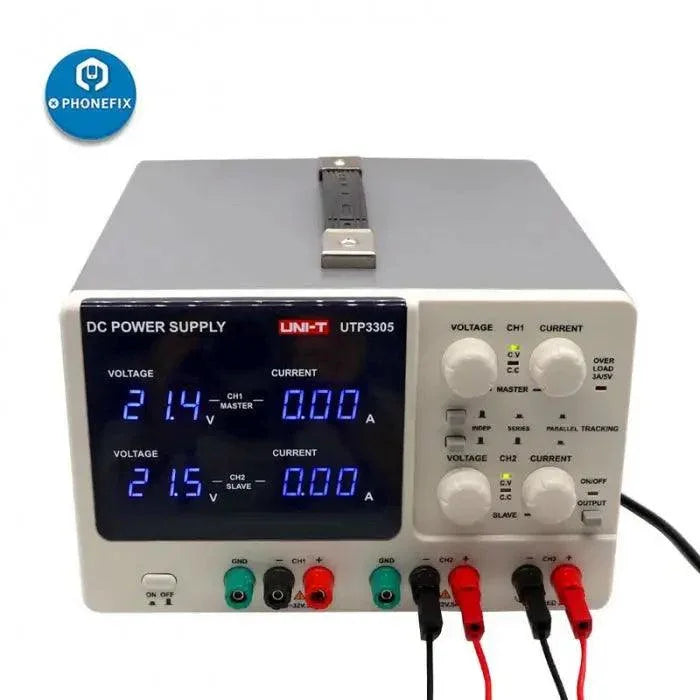 Alimentation CC de précision UNI-T UTP3305 à deux canaux avec sortie 32 V et 5 A, utilisée pour les tests électroniques et les expériences de laboratoire.
