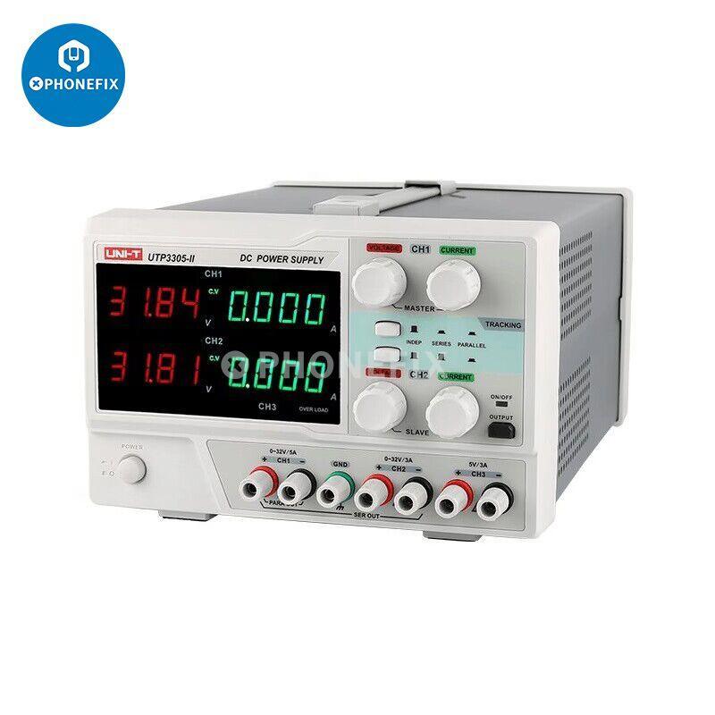 Alimentation CC de précision UNI-T UTP3305 à deux canaux, sortie 32 V 5 A, utilisée pour les tests électroniques et les applications de laboratoire.