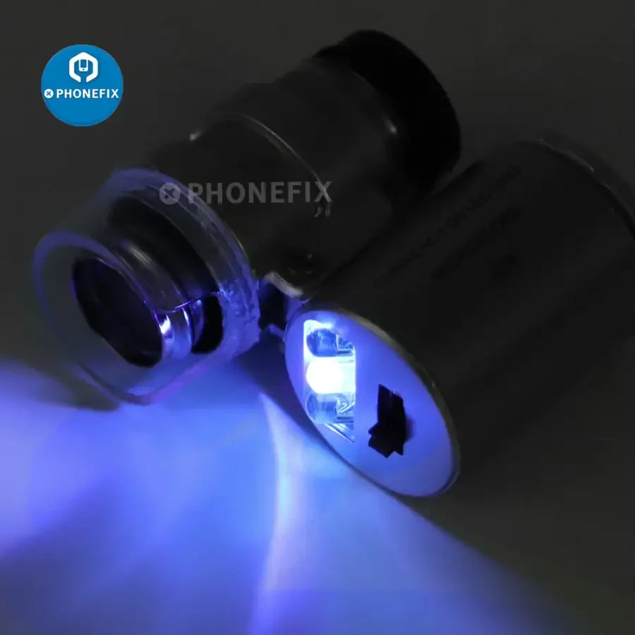 60x mini jeweler loupe with LED UV light for currency detection, compact magnifier by PHONEFIX with high magnification and illumination.
