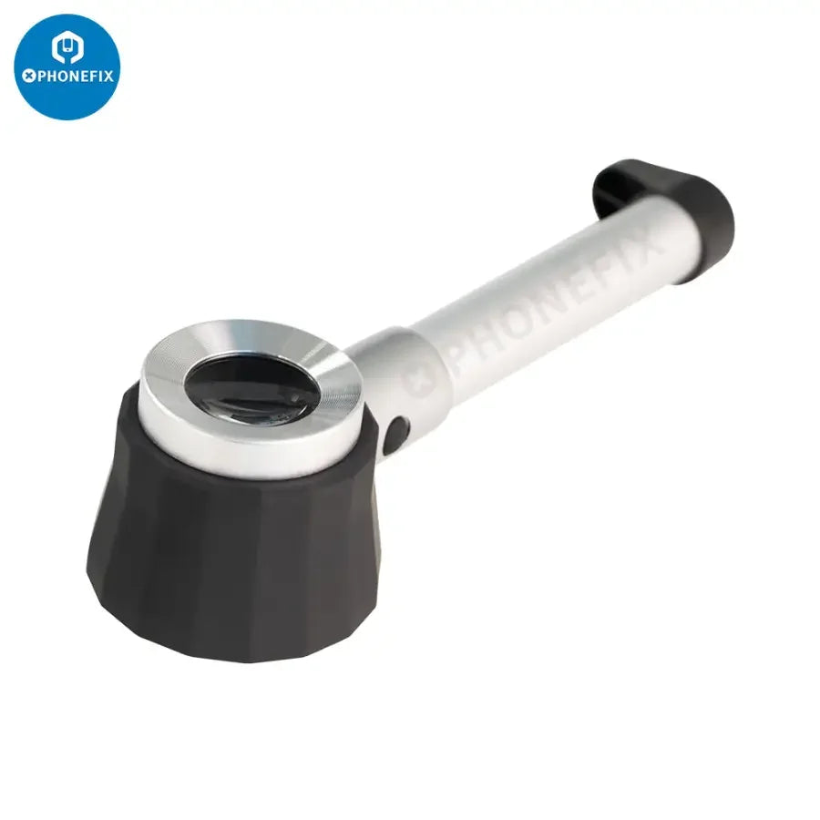 Handheld 45x lighted magnifying glass with scale, folding design by PHONEFIX for detailed viewing of small objects.