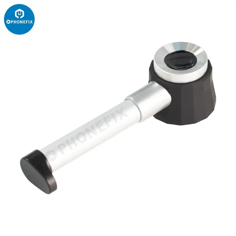 Handheld 45X lighted magnifying glass with folding scale from PHONEFIX, ideal for detailed viewing and precision tasks.
