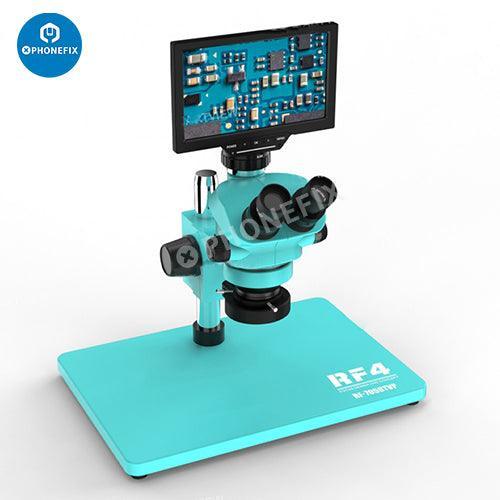 PhoneFix RF-7050TVP-YS010W 7-50X zoom trinocular microscope with HD monitor, used for detailed scientific inspection.
