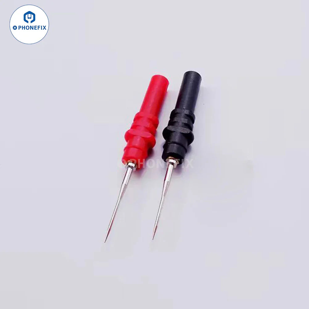 Digital multimeter needle test for circuit board repair, featuring a 1.0mm test puncture line from PHONEFIX.