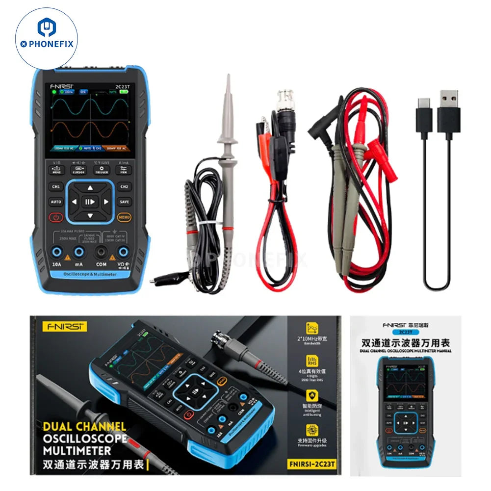 PHONEFIX FNIRSI 2C23T 2C53T portable digital multimeter with 3-in-1 signal generator, featuring a compact design and digital display.
