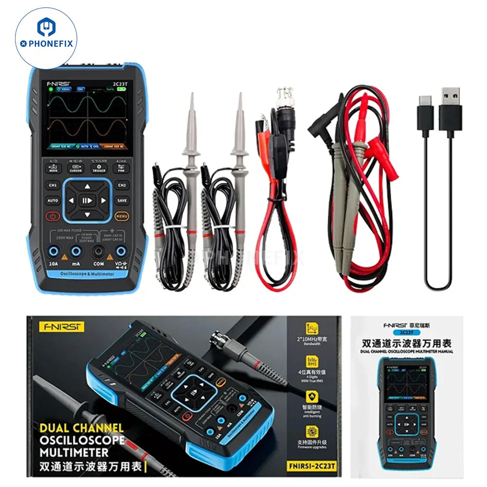 PHONEFIX FNIRSI 2C23T 2C53T portable digital multimeter with 3-in-1 signal generator, featuring a digital display and measurement ports.
