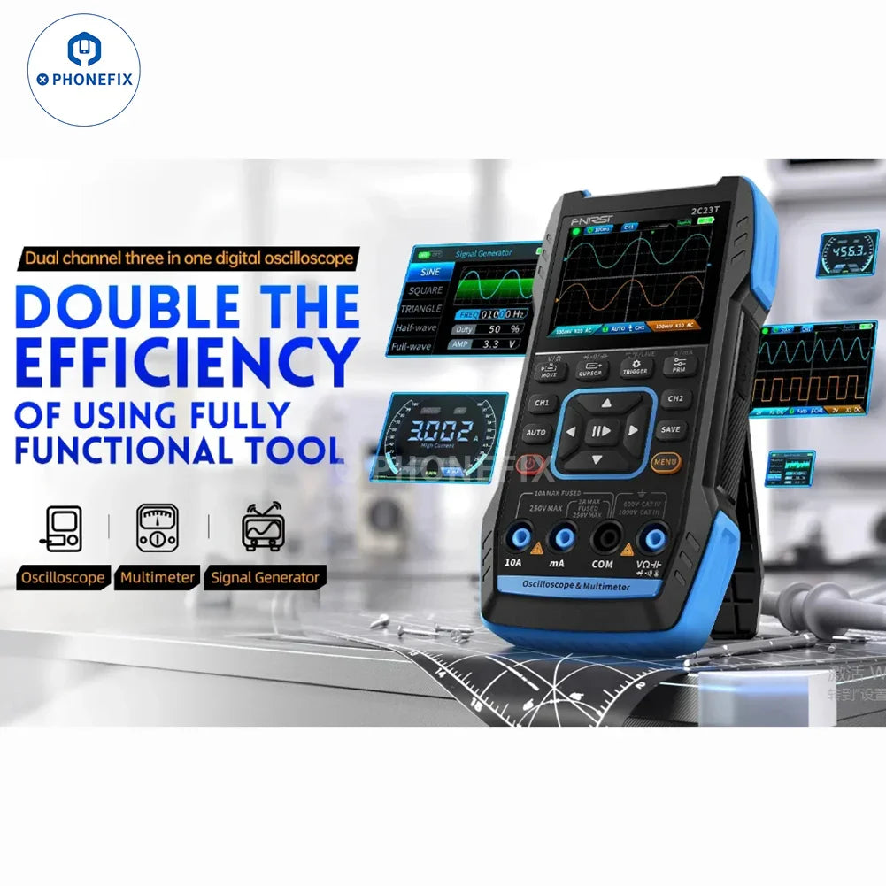 PhoneFix FNIRSI 2C23T 2C53T portable digital multimeter with 3-in-1 signal generator and digital display for electronic testing.