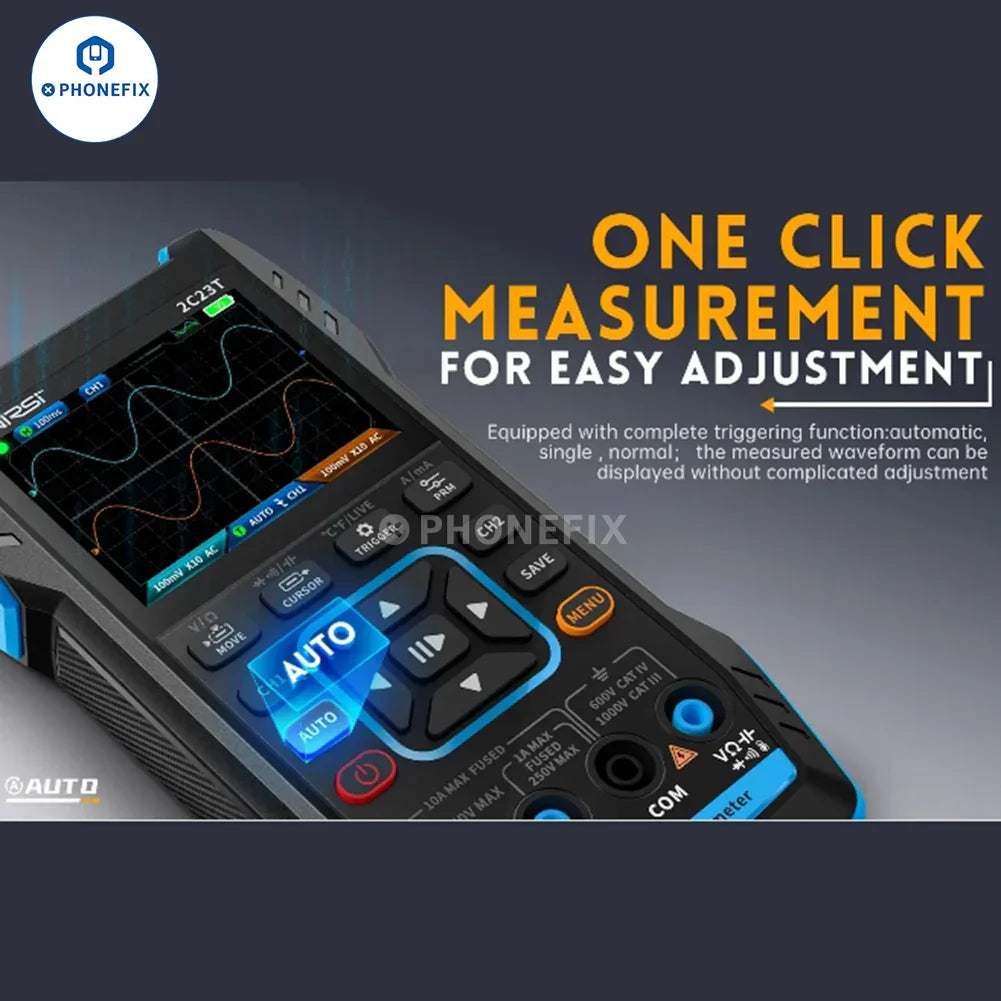 PHONEFIX FNIRSI 2C23T 2C53T portable digital multimeter with 3-in-1 signal generator, featuring a compact design and digital display.