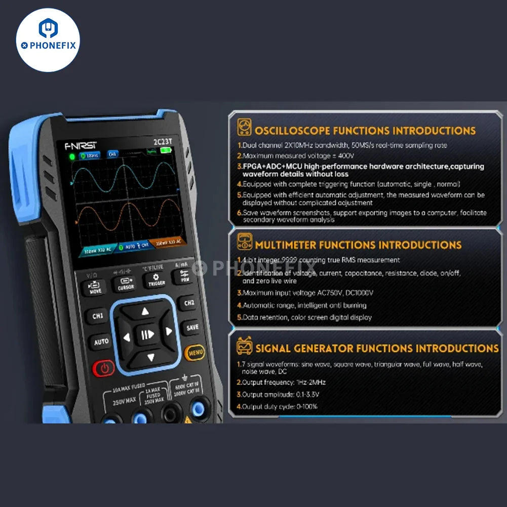PHONEFIX FNIRSI 2C23T 2C53T portable digital multimeter with 3-in-1 signal generator, showing digital display and measurement ports.