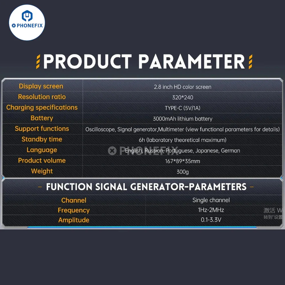 PHONEFIX FNIRSI 2C23T 2C53T portable digital multimeter with 3-in-1 signal generator, showing digital display and measurement ports.