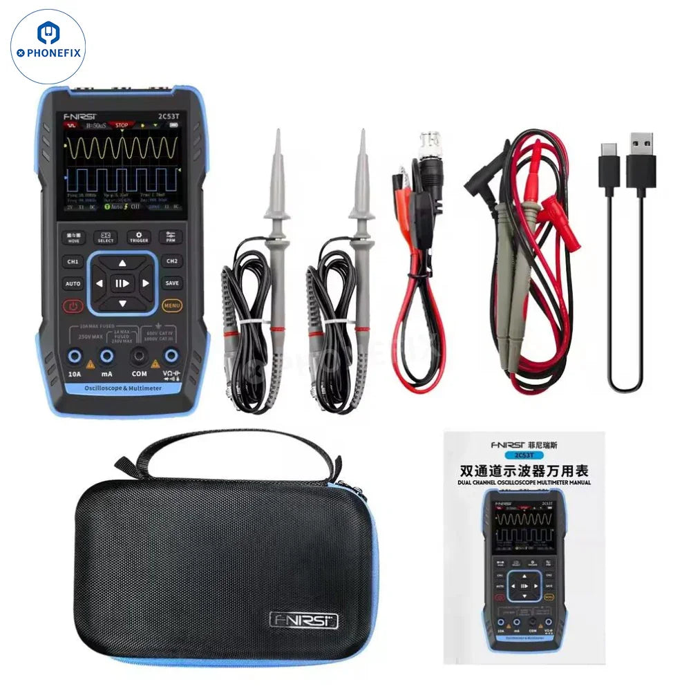PHONEFIX FNIRSI 2C23T 2C53T portable digital multimeter with 3-in-1 signal generator, showing display and measurement ports.