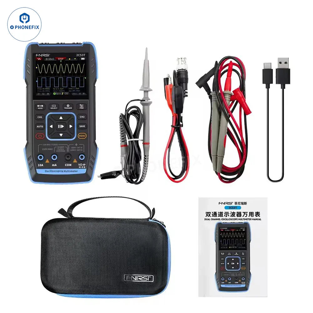PHONEFIX FNIRSI 2C23T 2C53T portable digital multimeter with 3-in-1 signal generator, featuring a compact design and digital display.