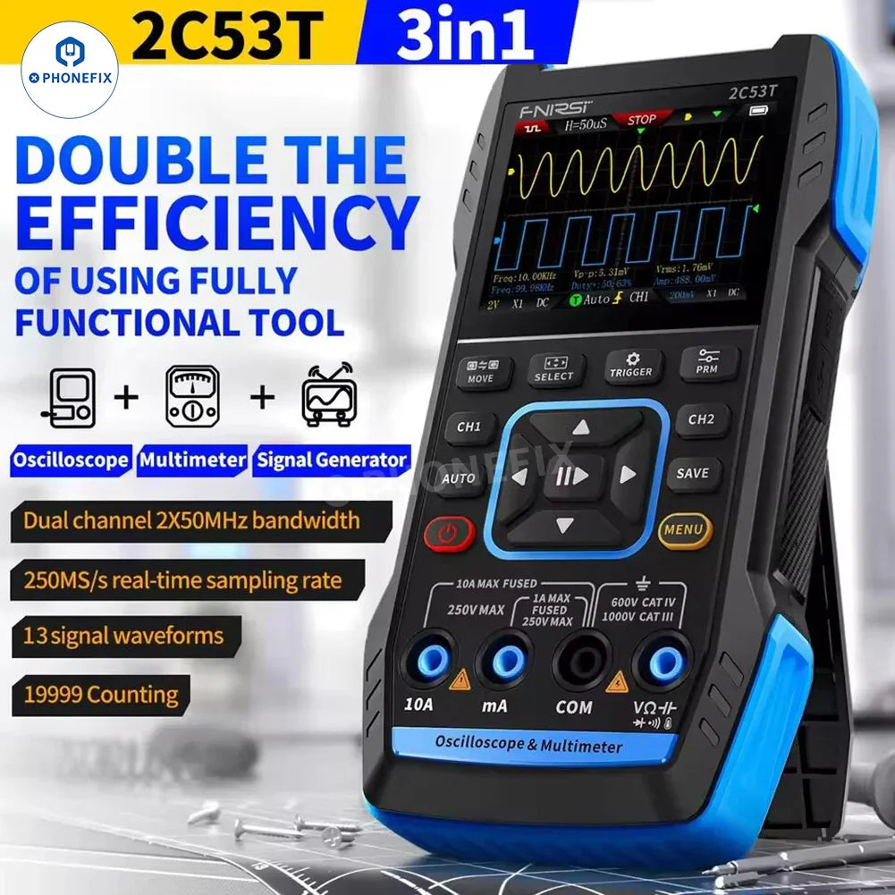 PHONEFIX FNIRSI 2C23T 2C53T portable digital multimeter with 3-in-1 signal generator, featuring a compact handheld design.