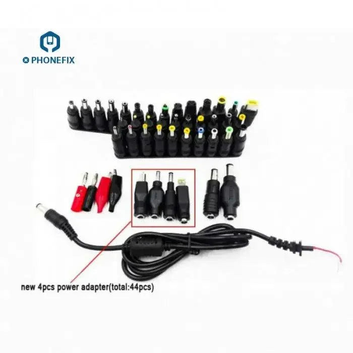Set of 44 universal DC power supply adapter connector plugs for digital multimeters, compatible with PHONEFIX power adapters.